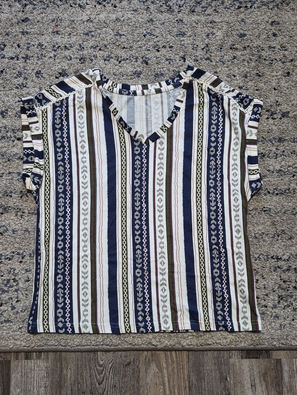 cleo Striped V-Neck Short Sleeve Top in Navy, White & Olive